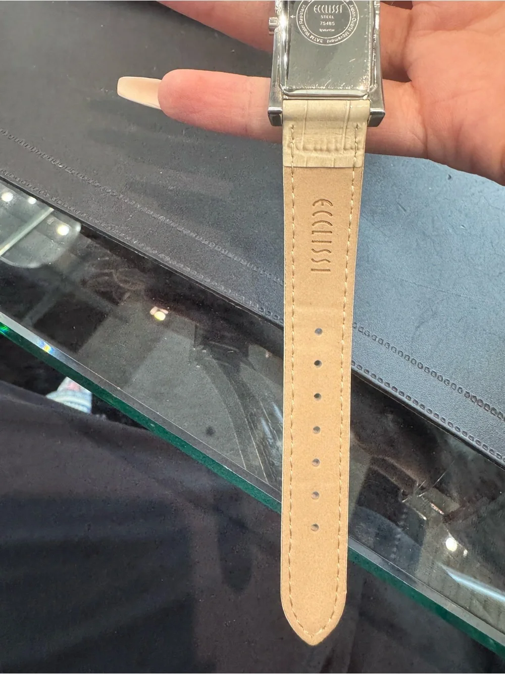 New Vintage Ecclissi rectangular steel watch w/  cream gator strap